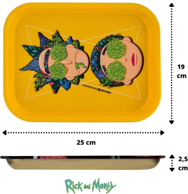 Bandeja para liar oficial Rick y Morty de 25×19 cm con cenicero RAW, bote antiolor, papel Raw y rollos incluidos