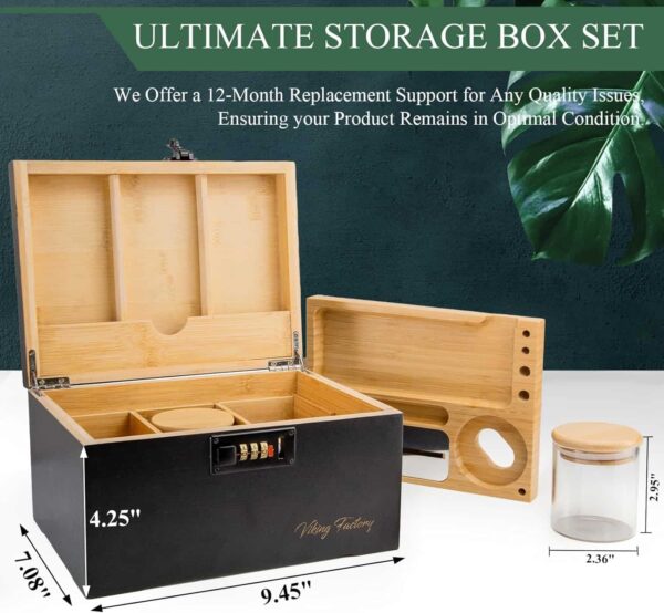 Caja de bambú Viking Factory con cerradura, bandeja extraíble y herramientas, color negro