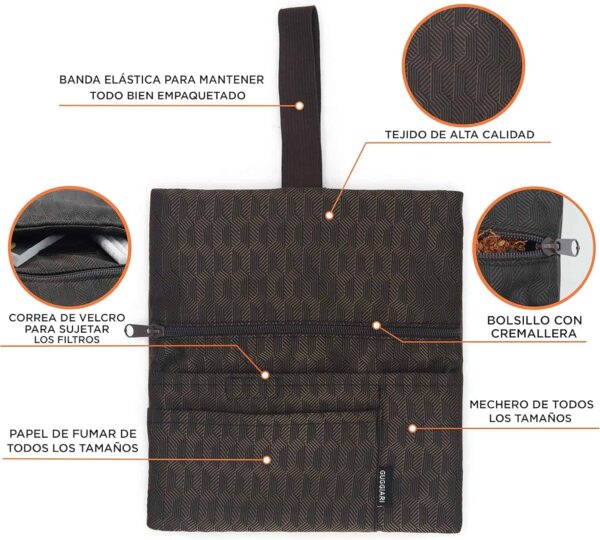 GUGGIARI tabaquera pitillera para tabaco de liar, funda de cuero y tela con compartimentos (color marrón)