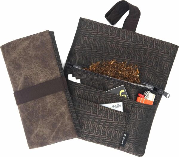 GUGGIARI tabaquera pitillera para tabaco de liar, funda de cuero y tela con compartimentos (color marrón)