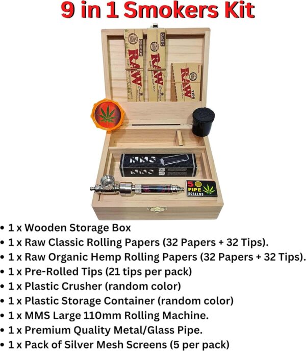 Kit de caja de madera para fumadores Zactly, 9 en 1, incluye papel King Size, trituradora y accesorios