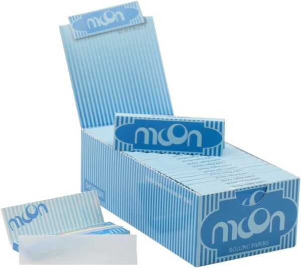 Papel de liar de arroz MOON, tamaño regular 70×36 mm, caja de 50 libritos (2500 hojas)