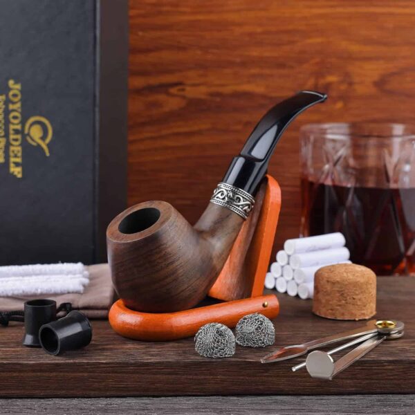 Pipa de ébano para fumar tabaco con soporte de madera y accesorios, caja de regalo incluida