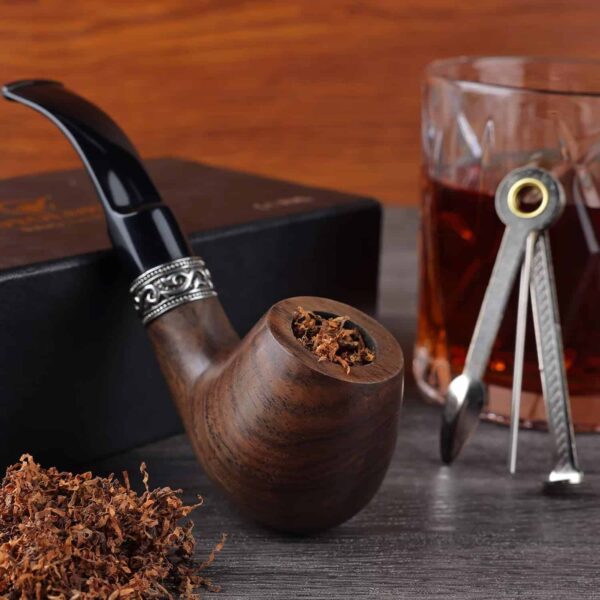 Pipa de ébano para fumar tabaco con soporte de madera y accesorios, caja de regalo incluida