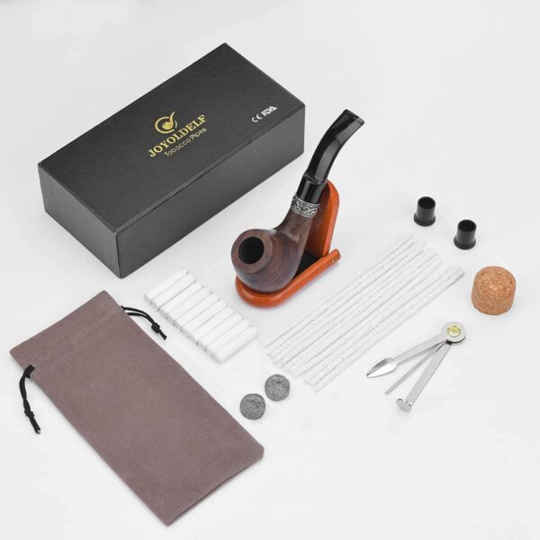 Pipa de ébano para fumar tabaco con soporte de madera y accesorios, caja de regalo incluida