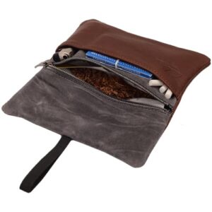 Simaru tabaquera pitillera estuche bolso de cuero para tabaco de liar papel mechero marrón