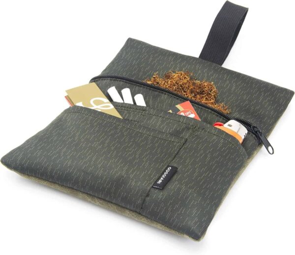 Tabaquera Guggiari para tabaco de liar, funda de cuero y tela con compartimentos, color verde