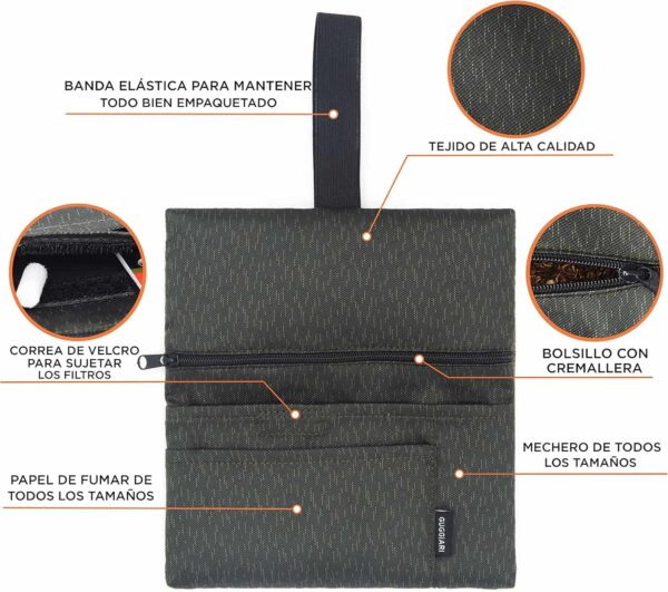 Tabaquera Guggiari para tabaco de liar, funda de cuero y tela con compartimentos, color verde