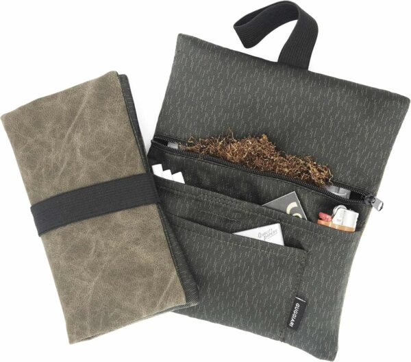 Tabaquera Guggiari para tabaco de liar, funda de cuero y tela con compartimentos, color verde